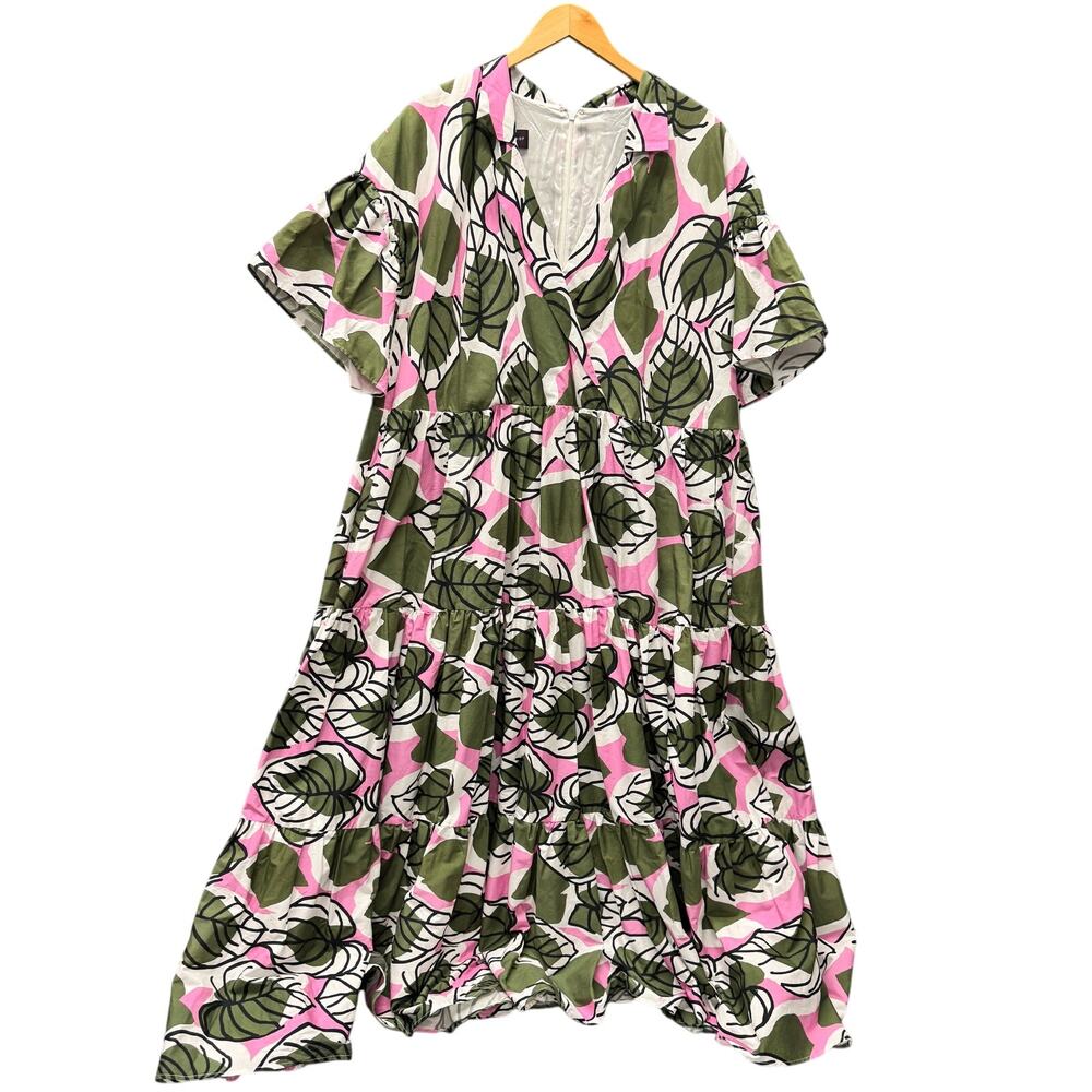 Talbot Runhof Dress Floral Midi Tiered Coastal Pink Green +‎ Pockets Womens 16